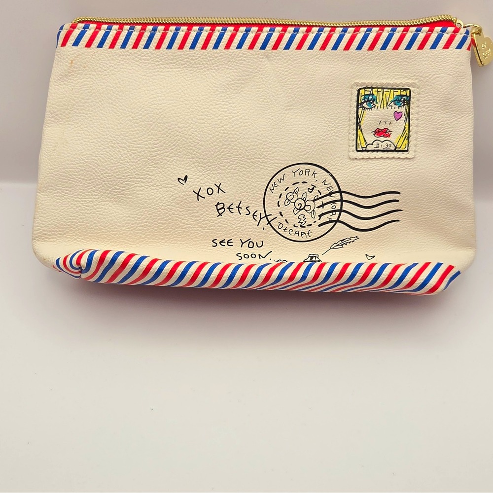 Betsey Johnson XOX Betsey White Red Blue Zipper Makeup Bag 9x4x2.5 in